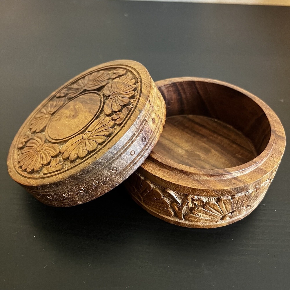 Vintage‎ Wooden Box Floral Hand Carved Flowers Jewelry Trinket